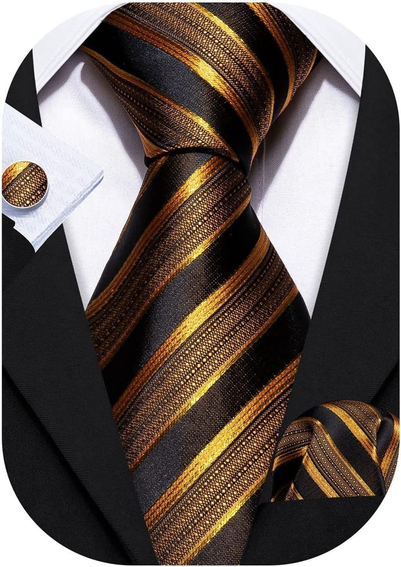 Barry.Wang Store Tie Sets for Men Silk Stripe Necktie Woven Checkered Handkerchief Cufflinks Formal Business Wedding - Image 1